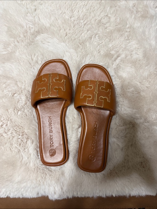Tory Burch Shoes - Tory Burch Cognac Leather Logo Slide Sandals